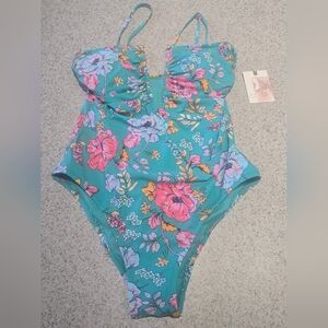 Jessica Simpson Women's One-Piece Swimsuit Size Medium Teal Floral NWT